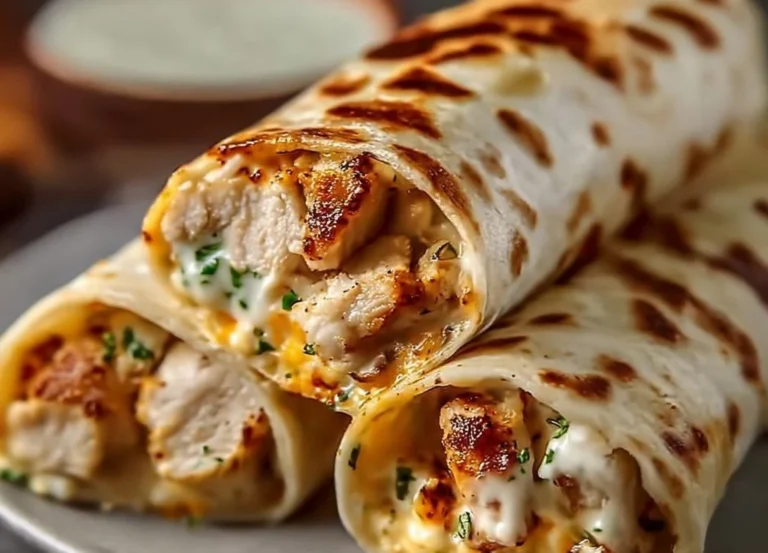 Wraps au Poulet garnis de fromage et de sauce à l’ail, délicieux et rapides à préparer.